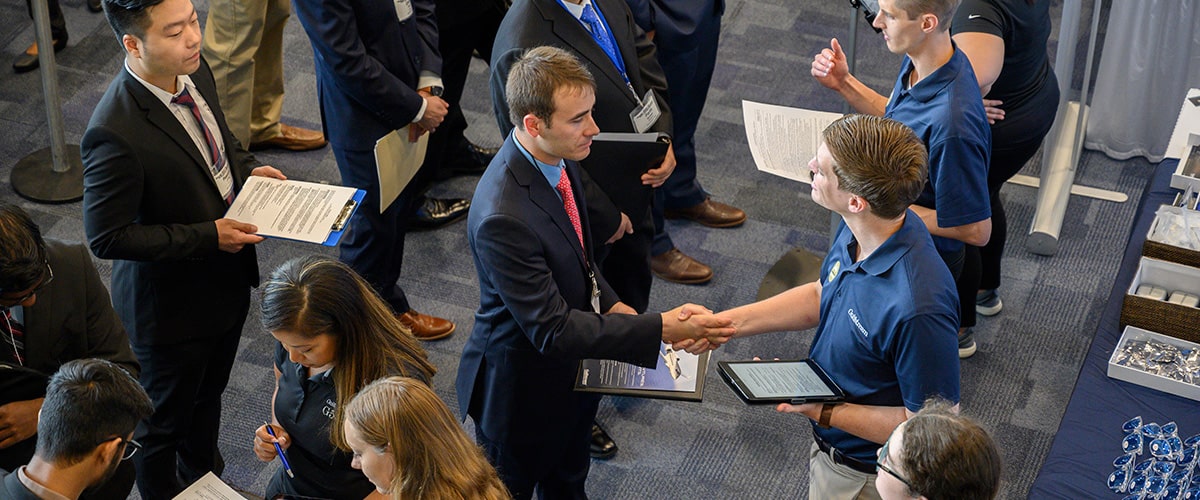 Graduate students at the Tech career fair